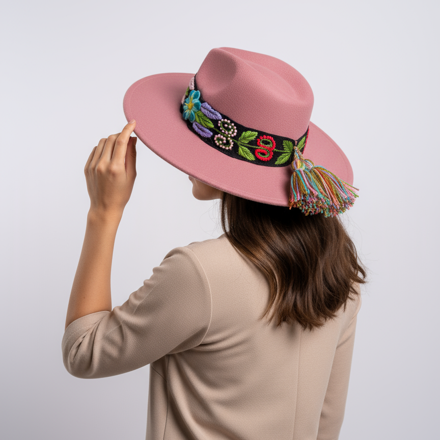 Sombrero de Fieltro Rosa Viejo con Cinta y Bordado Floral Artesanal