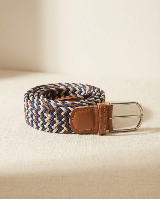 Correa Trenzada de Lona Elástica Azul Marino / Beige / Marrón