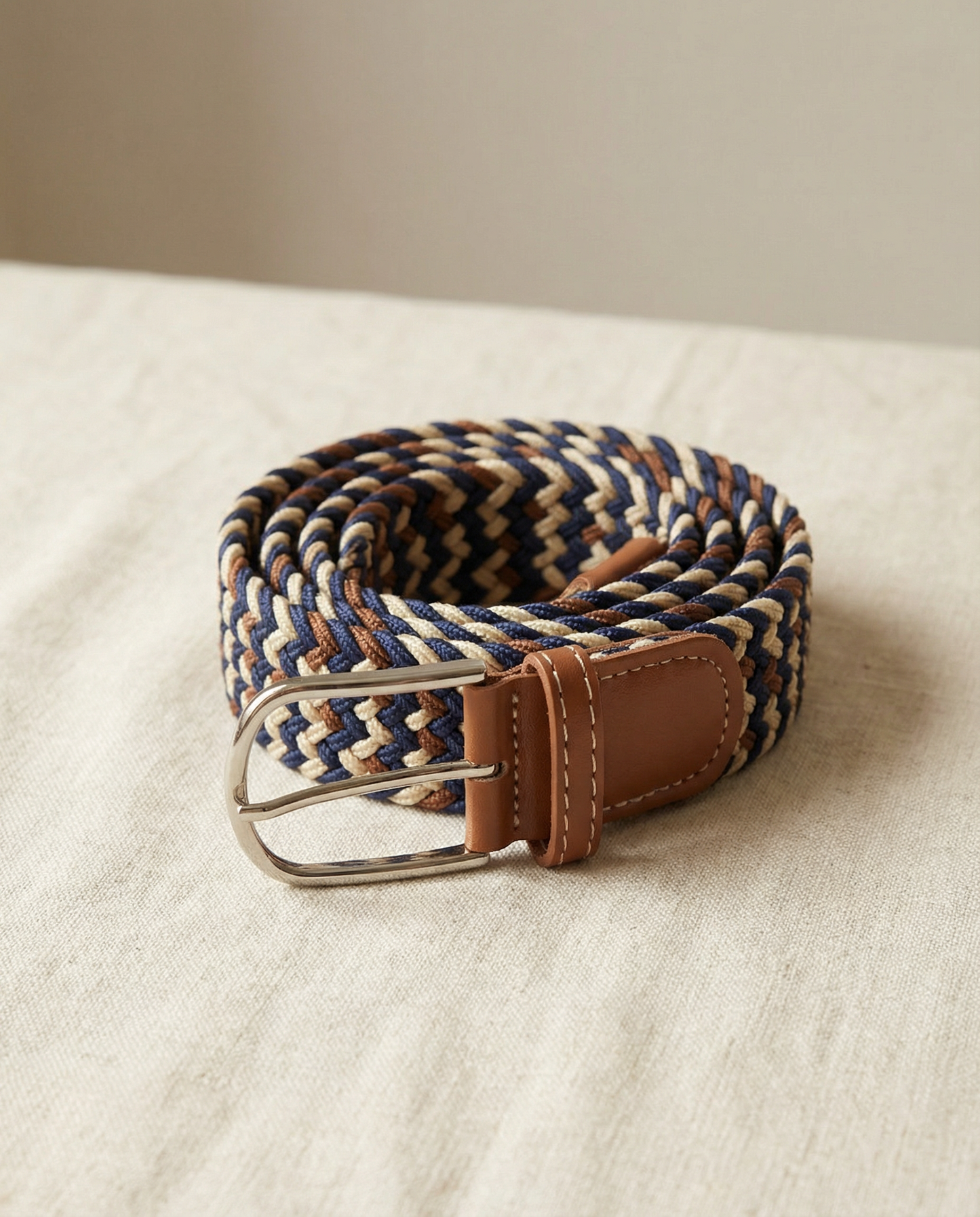 Correa Trenzada de Lona Elástica Azul Marino / Beige / Marrón
