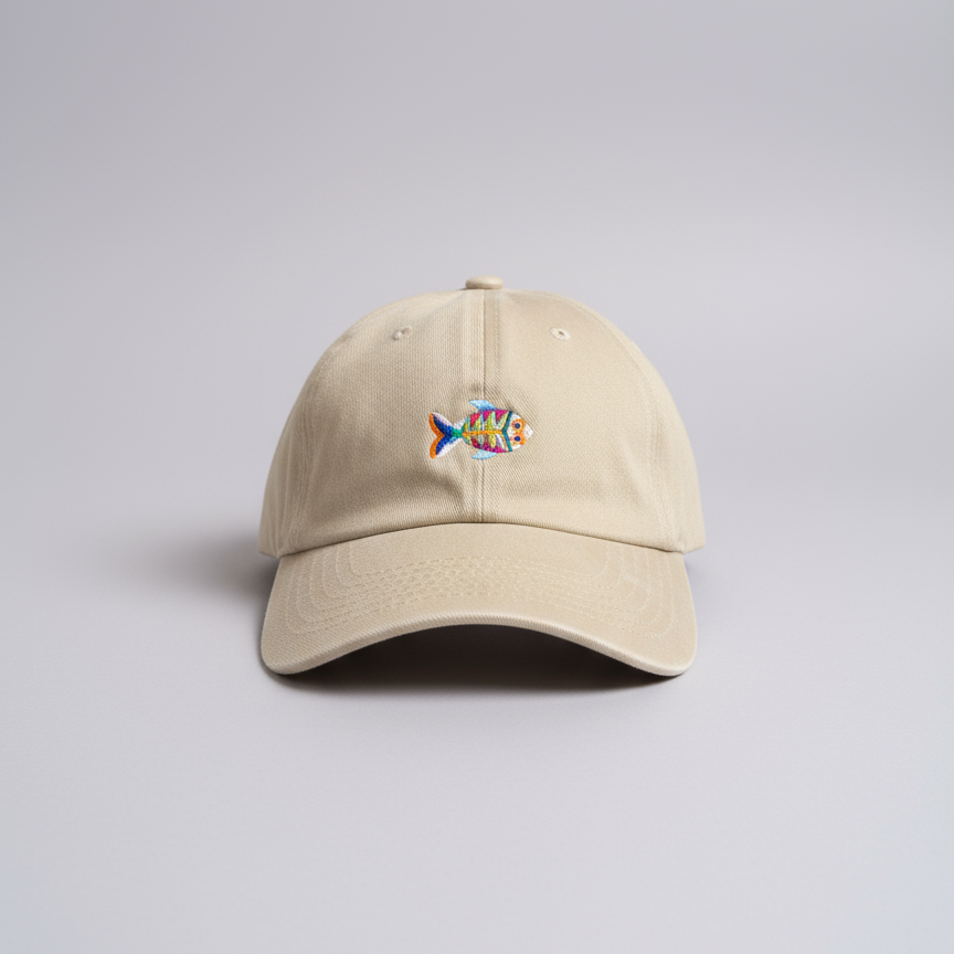 Gorra Bordada en Denim Crema – Pez Multicolor