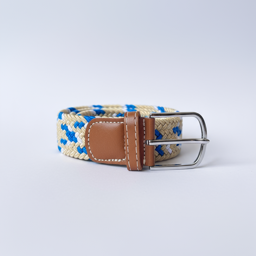 Correa Trenzada de Lona Elástica Beige, Celeste y Blanco