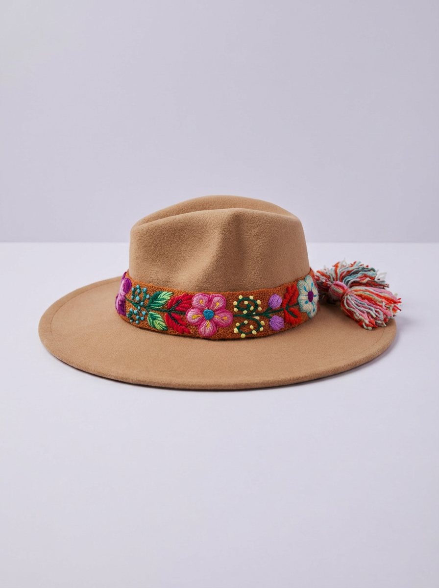 Sombrero de Fieltro Beige con Cinta y Bordado Floral Artesanal