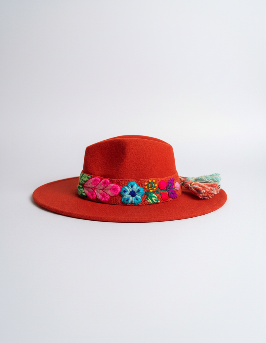 Sombrero de Fieltro Terracota con Cinta y Bordado Floral Artesanal