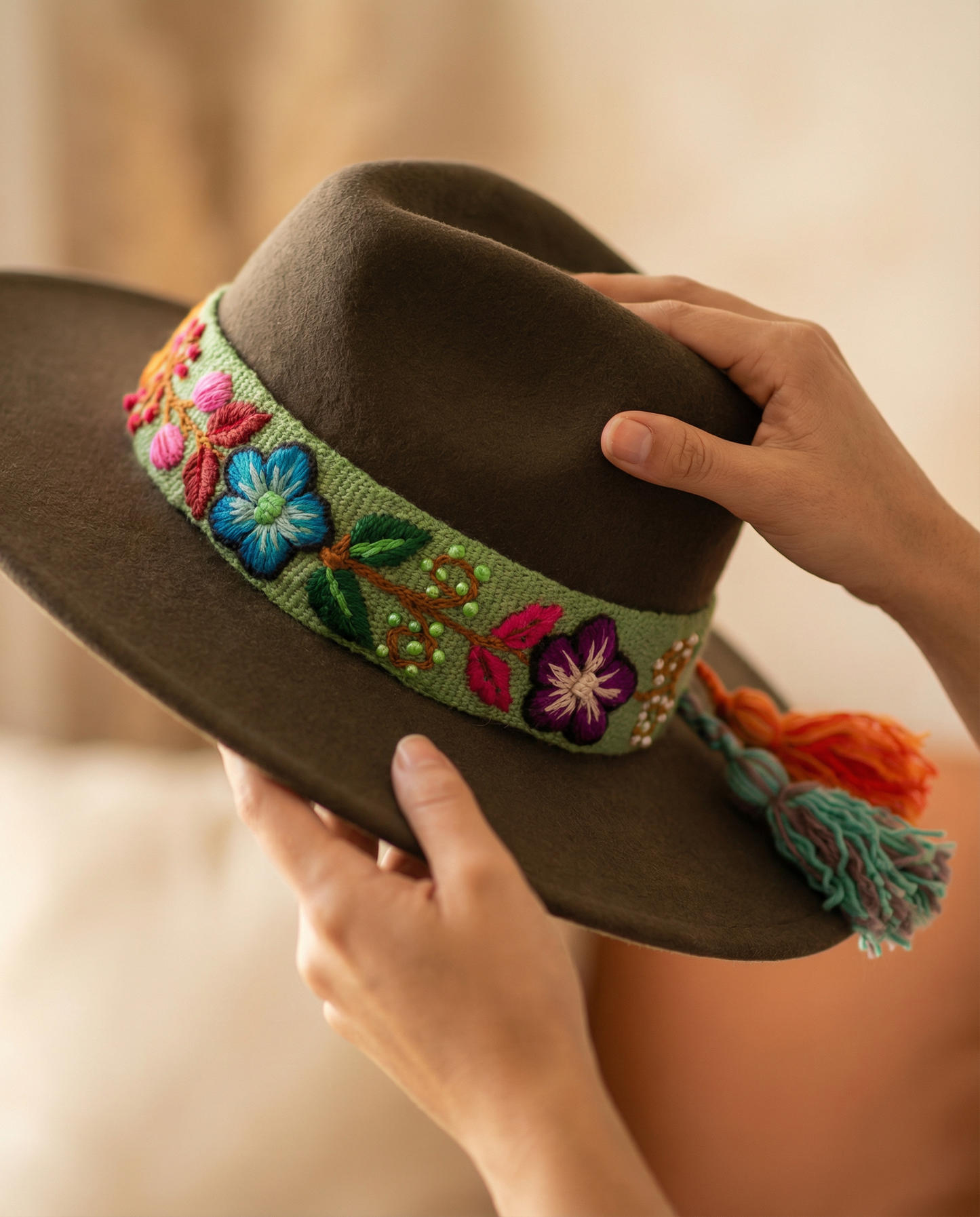 Sombrero de Fieltro Verde con Cinta y Bordado Floral Artesanal