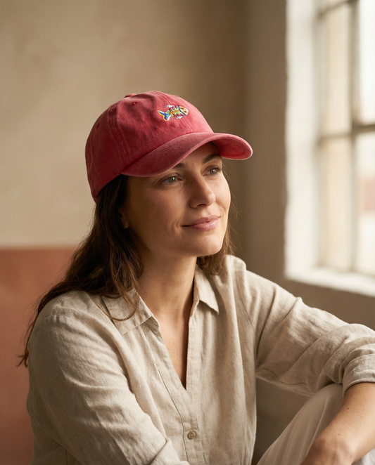 Gorra Bordada en Denim Rojo – Pez Multicolor
