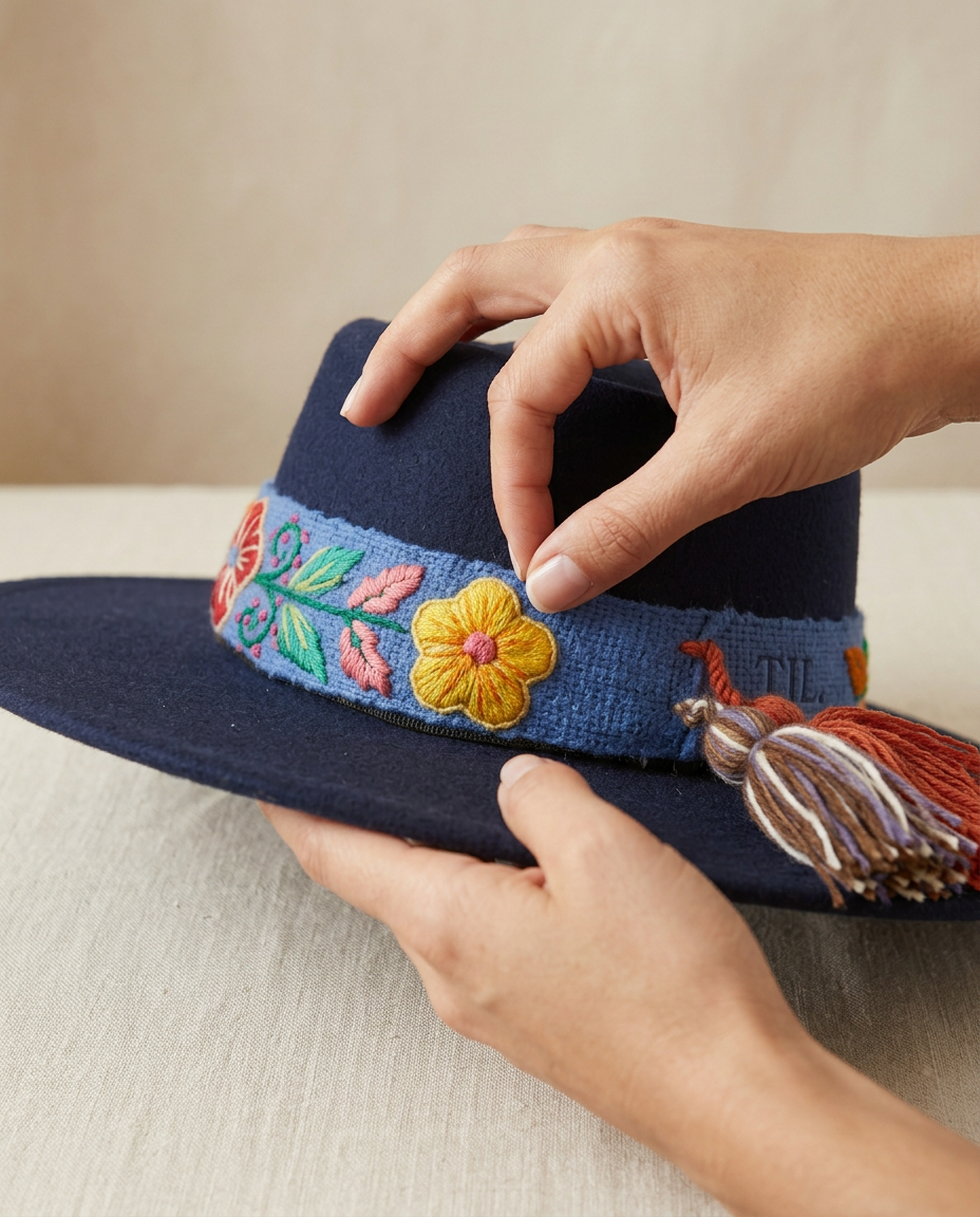 Sombrero Copa Oval Azul con cinta y Bordado Floral en Mezcla de Hilo Alpaca