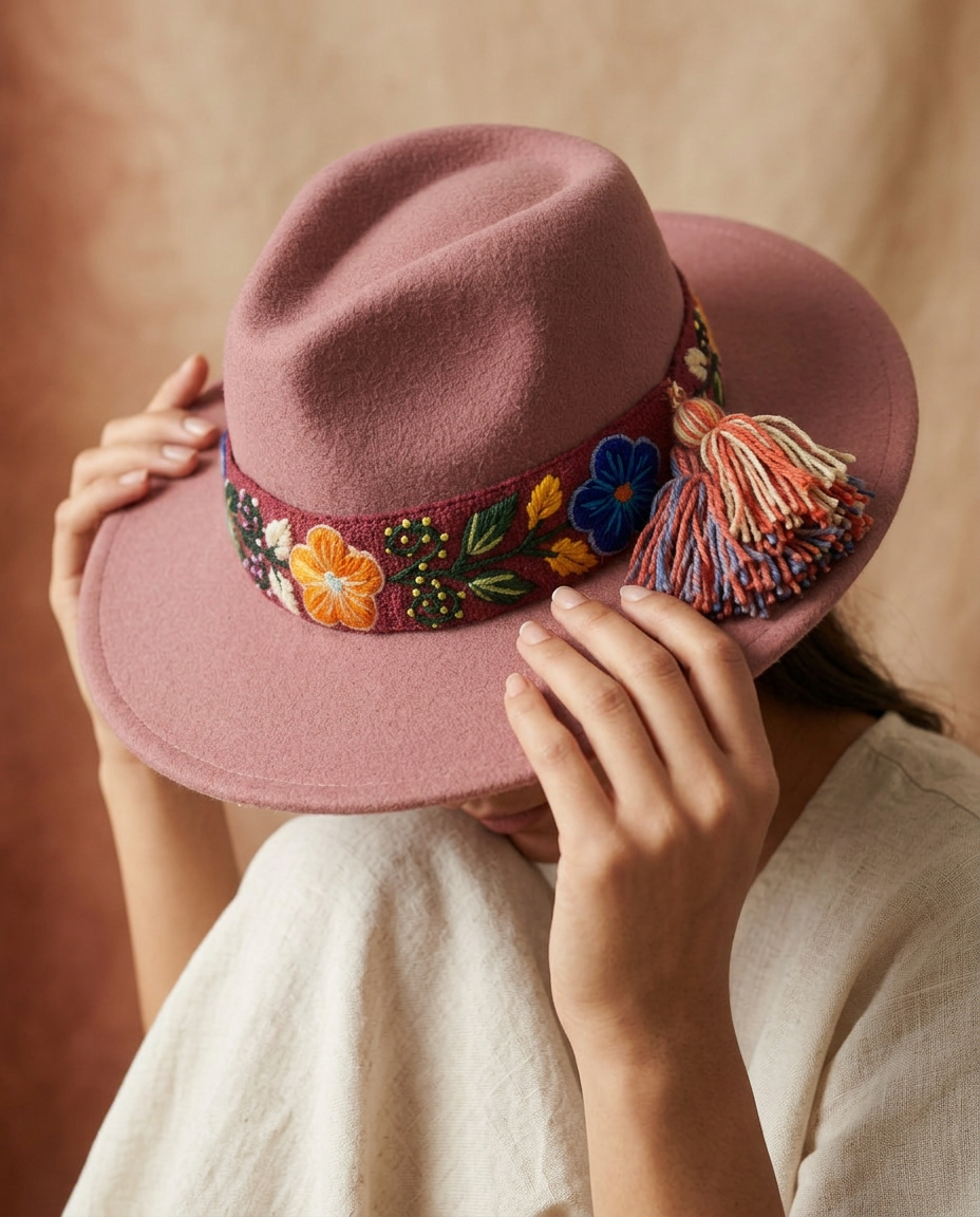 Sombrero Fedora Rosa Viejo con Cinta y Bordado Floral en Mezcla de Hilo Alpaca