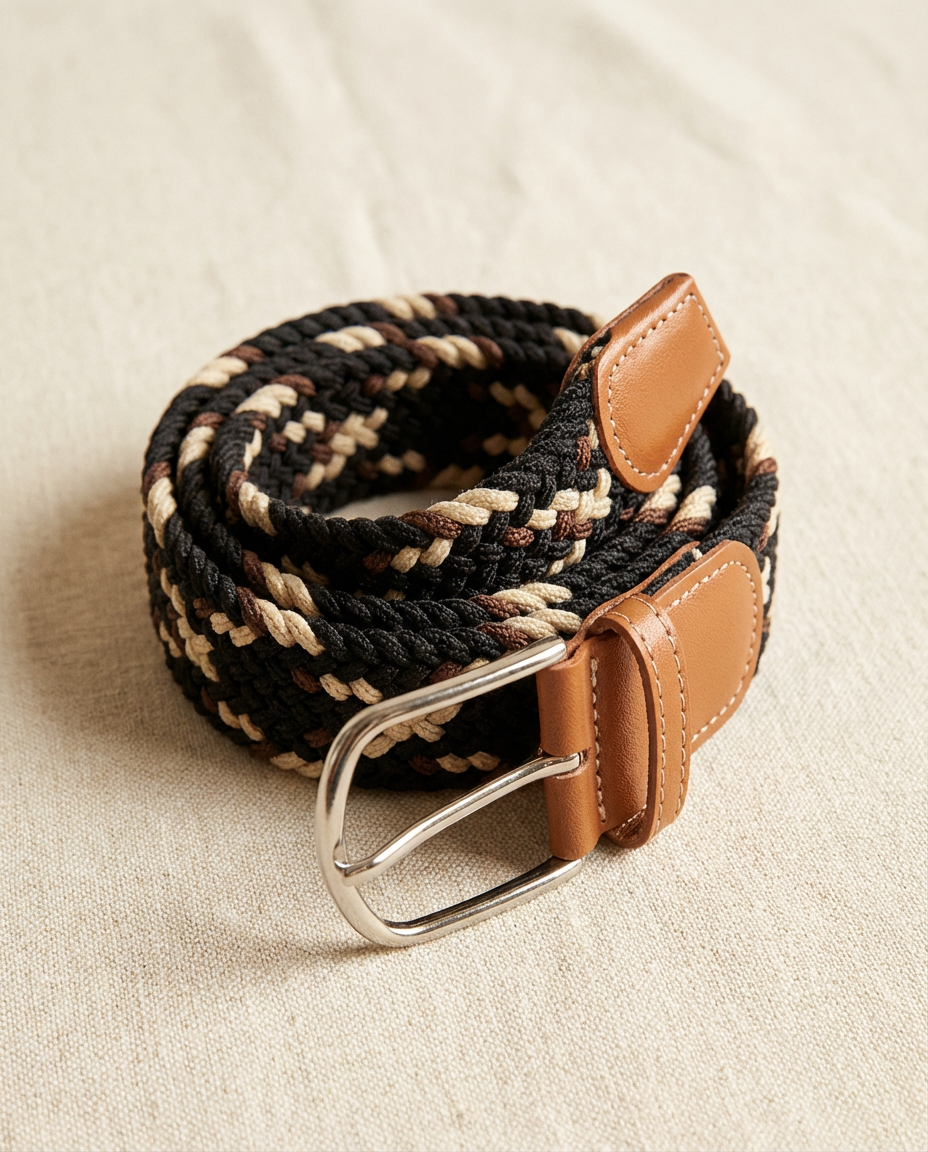 Correa Trenzada de Lona Elástica Negro y Beige