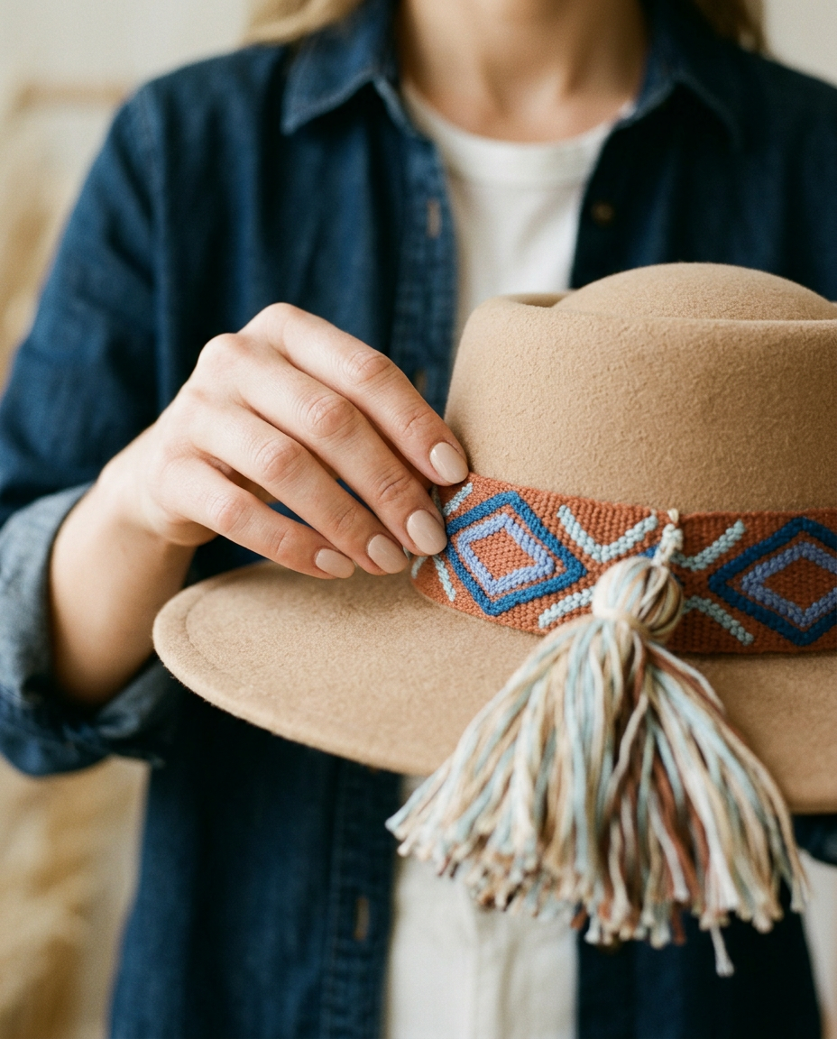 Sombrero Oval de Fieltro Beige con Cinta y Bordado geométrico