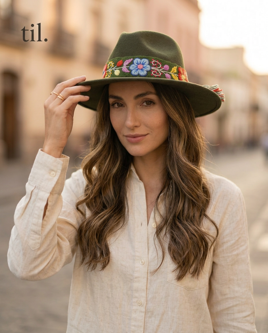 Sombrero Fedora de Fieltro Verde Olivo con Cinta y Bordado Floral Artesanal