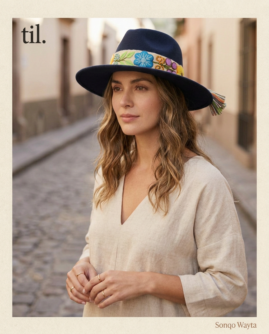 Sombrero Fedora de Fieltro Azul con Cinta y Bordado Floral Artesanal