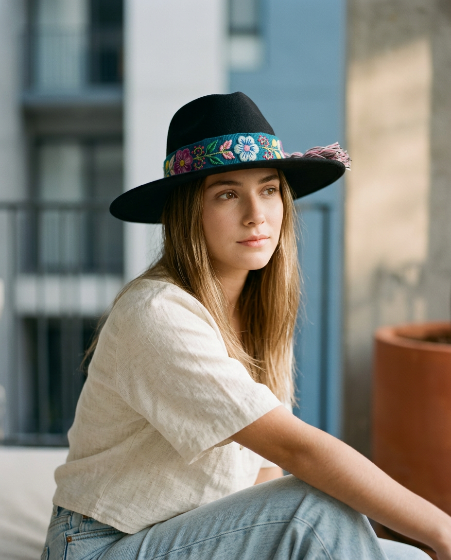 Sombrero Fedora de Fieltro Negro con Cinta y Bordado floral
