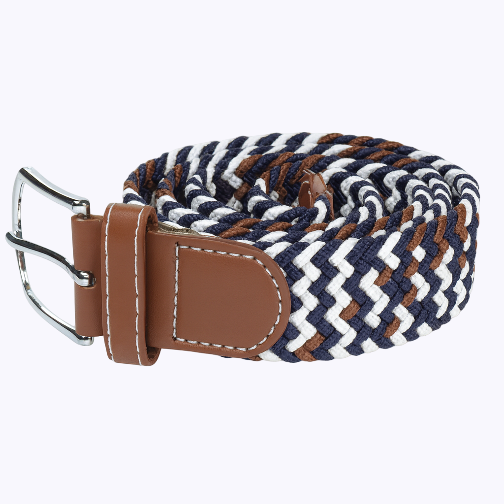 Correa Trenzada de Lona Elástica Azul Marino, Blanco y Marrón