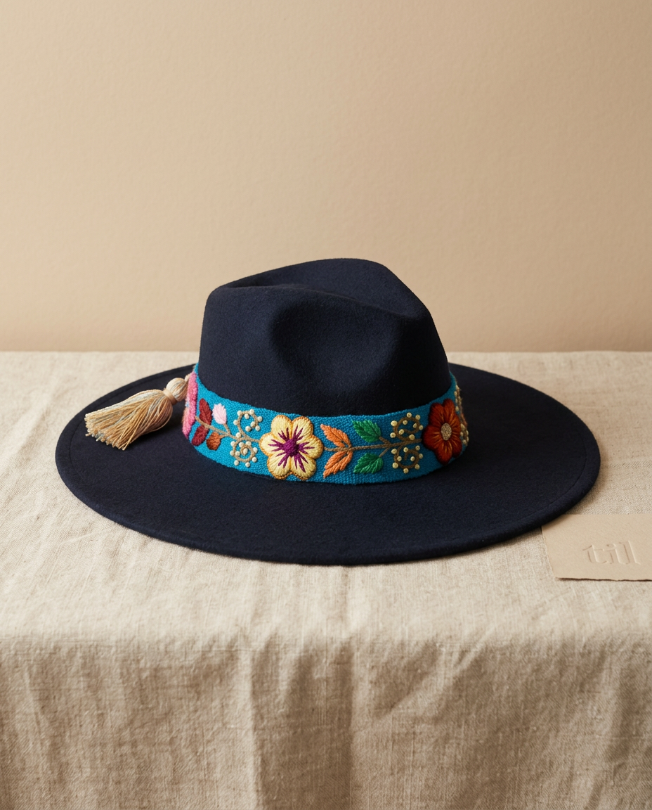 Sombrero Fedora de Fieltro Azul con Cinta y Bordado Floral Artesanal