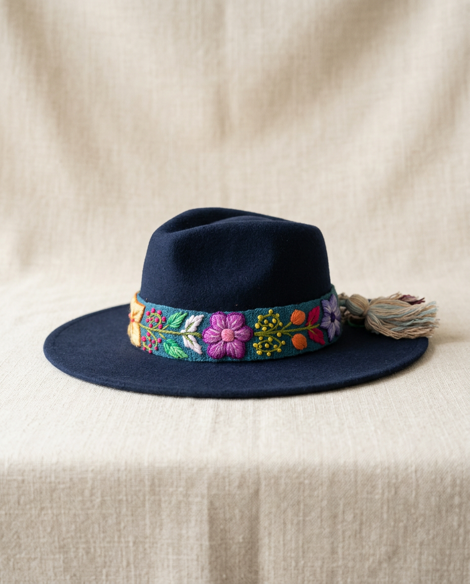 Sombrero Fedora de Fieltro Azul con Cinta y Bordado Floral Artesanal