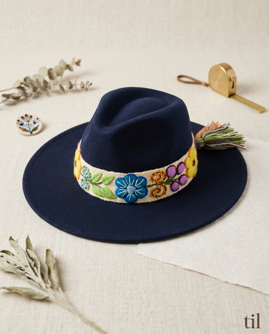 Sombrero Fedora de Fieltro Azul con Cinta y Bordado Floral Artesanal