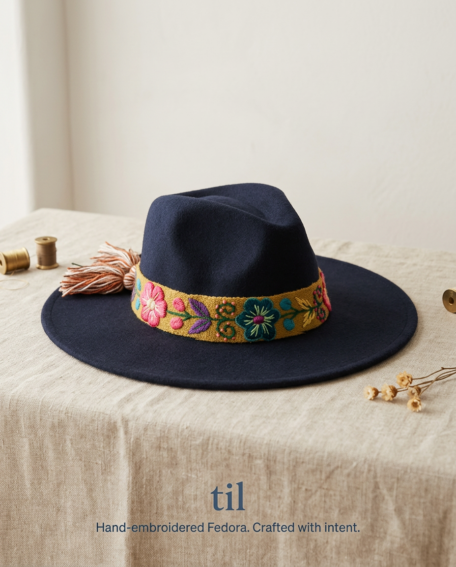 Sombrero Fedora de Fieltro Azul con Cinta y Bordado Floral Artesanal