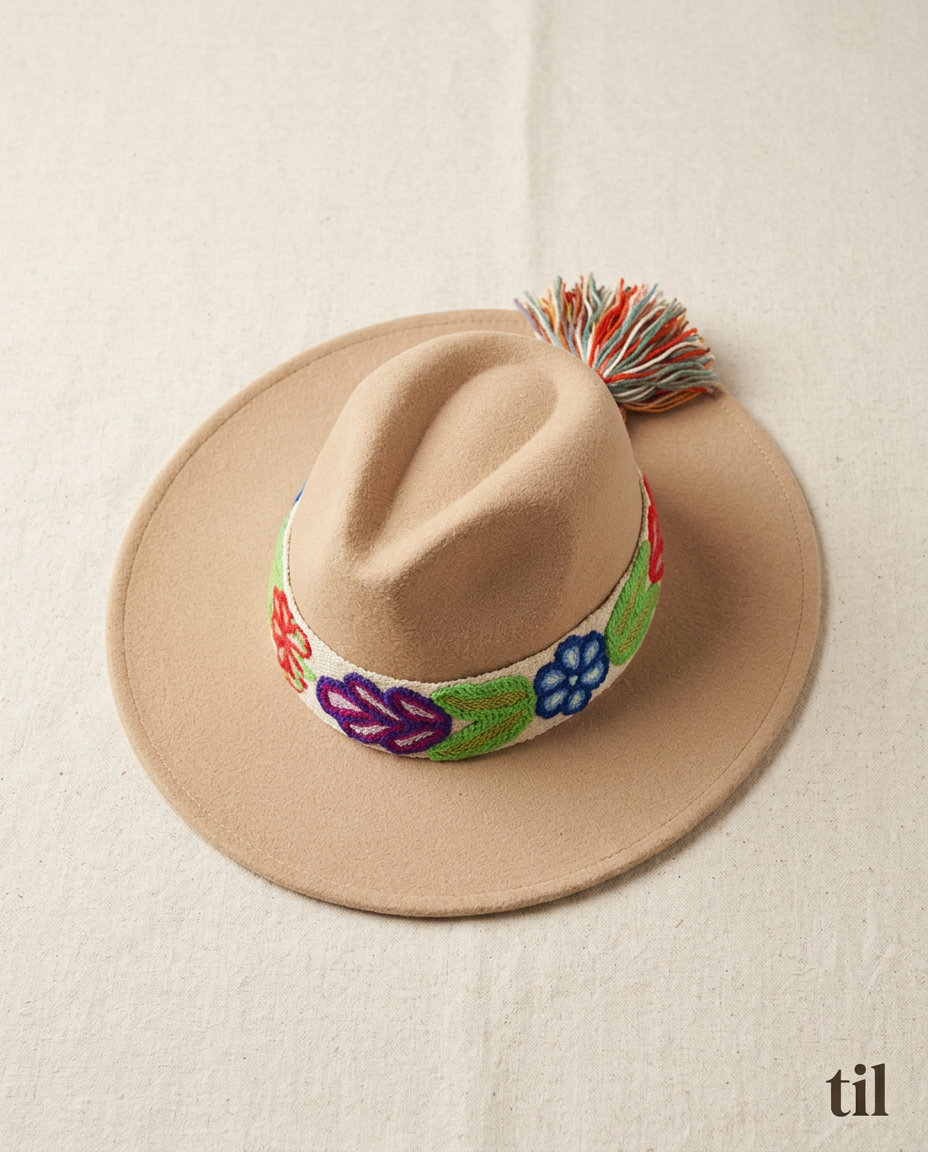 Sombrero Fedora de Fieltro Beige con Cinta y Bordado Floral Artesanal