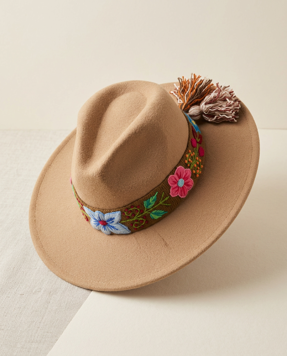 Sombrero Fedora de Fieltro Beige con Cinta y Bordado Floral Artesanal
