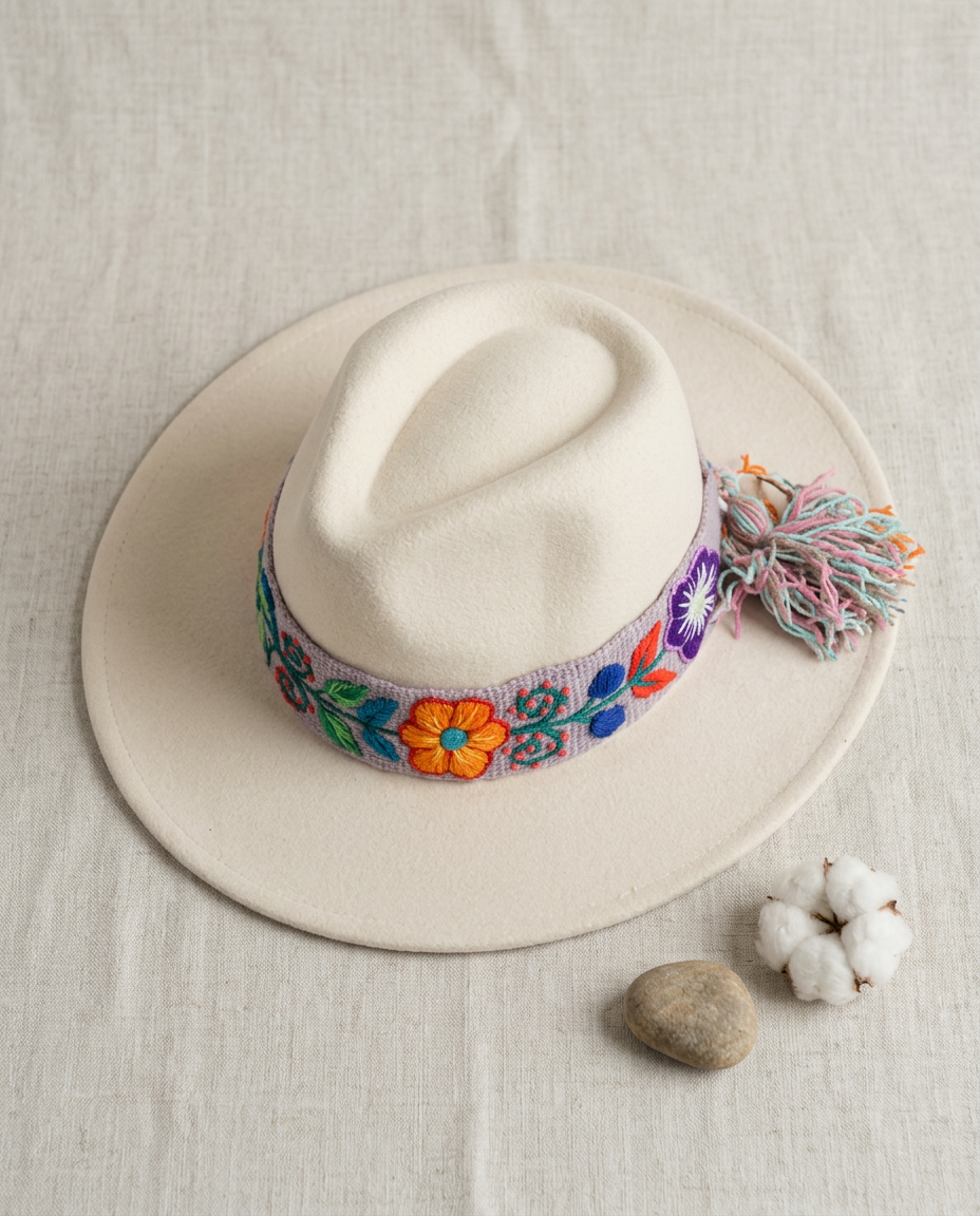 Sombrero Fedora de Fieltro Blanco con Cinta y Bordado Floral Artesanal