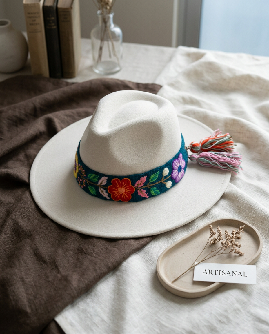 Sombrero Fedora de Fieltro Blanco con Cinta y Bordado Floral Artesanal