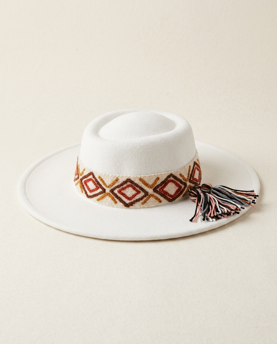 Sombrero Oval de Fieltro Blanco con Cinta y Bordado geométrico
