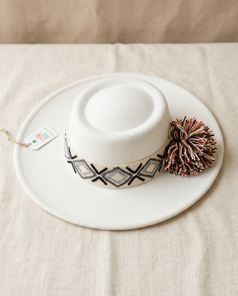 Sombrero Oval de Fieltro Blanco con Cinta y Bordado geométrico