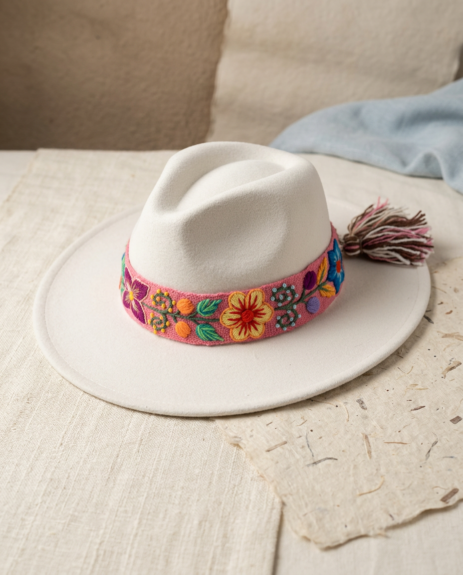 Sombrero Fedora de Fieltro Blanco con Cinta y Bordado Floral Artesanal