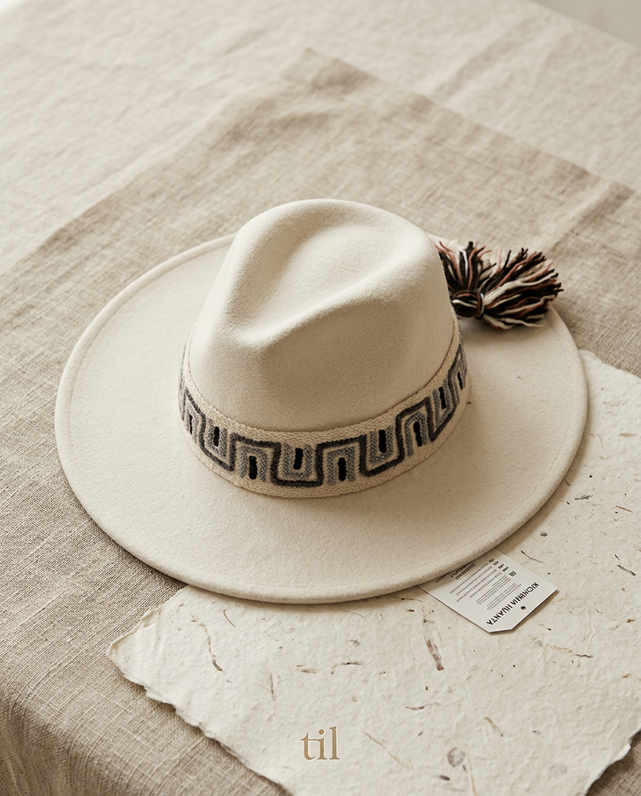 Sombrero Fedora de Fieltro Blanco con Cinta y Bordado geométrico