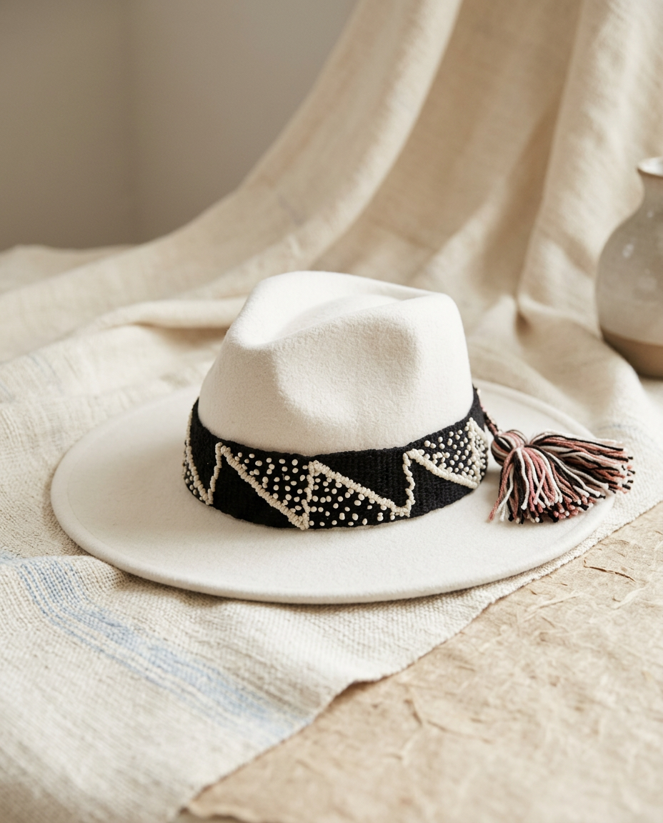 Sombrero Fedora de Fieltro Blanco con Cinta y Bordado geométrico