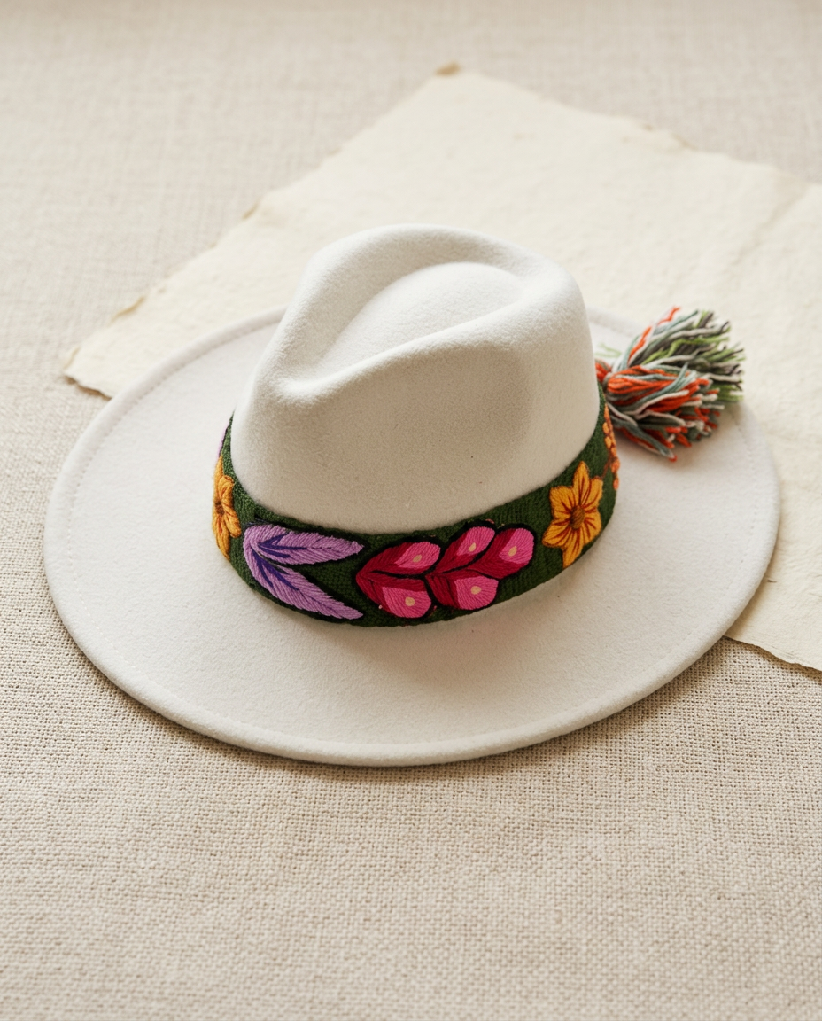 Sombrero Fedora de Fieltro Blanco con Cinta y Bordado Floral Artesanal