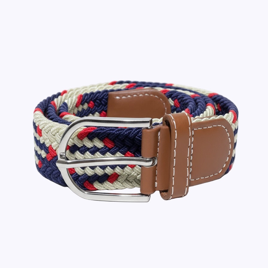 Correa Trenzada de Lona Elástica Azul, Crema y Rojo