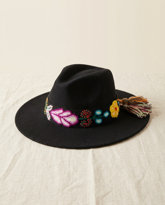 Sombrero Fedora de Fieltro Negro con Cinta y Bordado floral