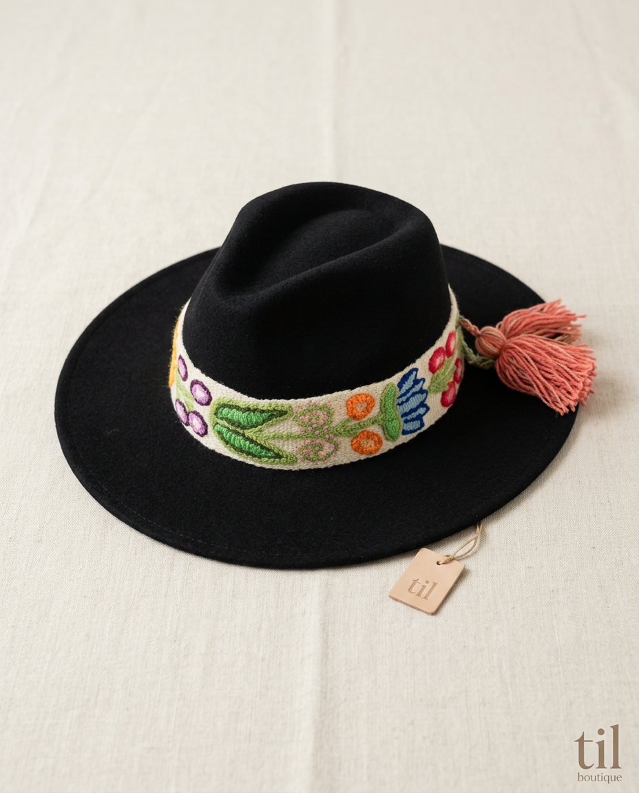 Sombrero Fedora de Fieltro Negro con Cinta y Bordado floral