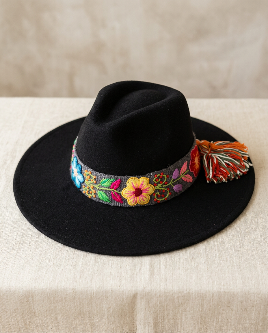Sombrero Fedora de Fieltro Negro con Cinta y Bordado floral
