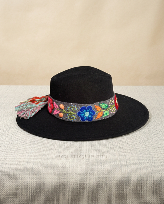 Sombrero Fedora de Fieltro Negro con Cinta y Bordado floral