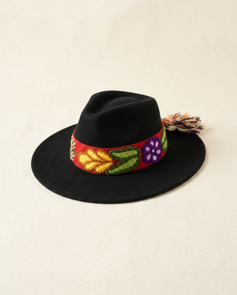 Sombrero Fedora de Fieltro Negro con Cinta y Bordado floral