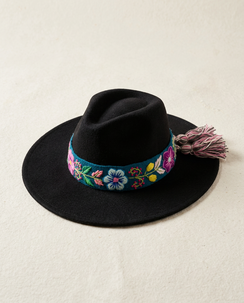 Sombrero Fedora de Fieltro Negro con Cinta y Bordado floral