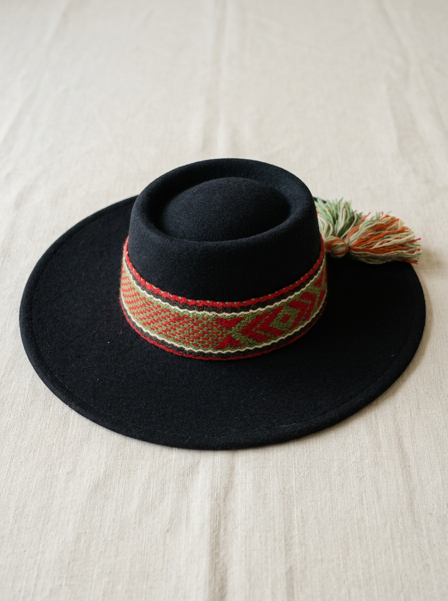 Sombrero Oval Negro con cinta y Tejida Dibujo Geométrico en hilo oveja