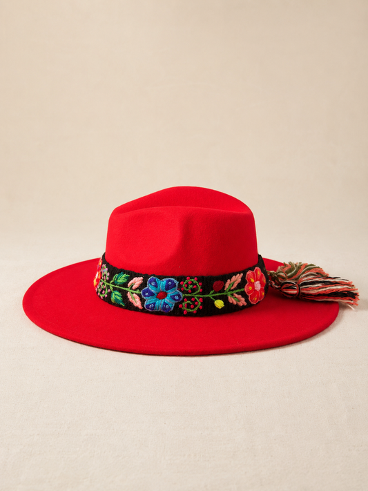 Sombrero Fedora de Fieltro Rojo con Cinta y Bordado Floral Artesanal