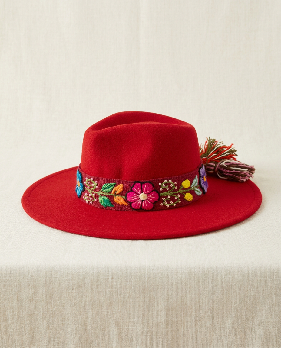Sombrero Fedora de Fieltro Rojo con Cinta y Bordado Floral Artesanal