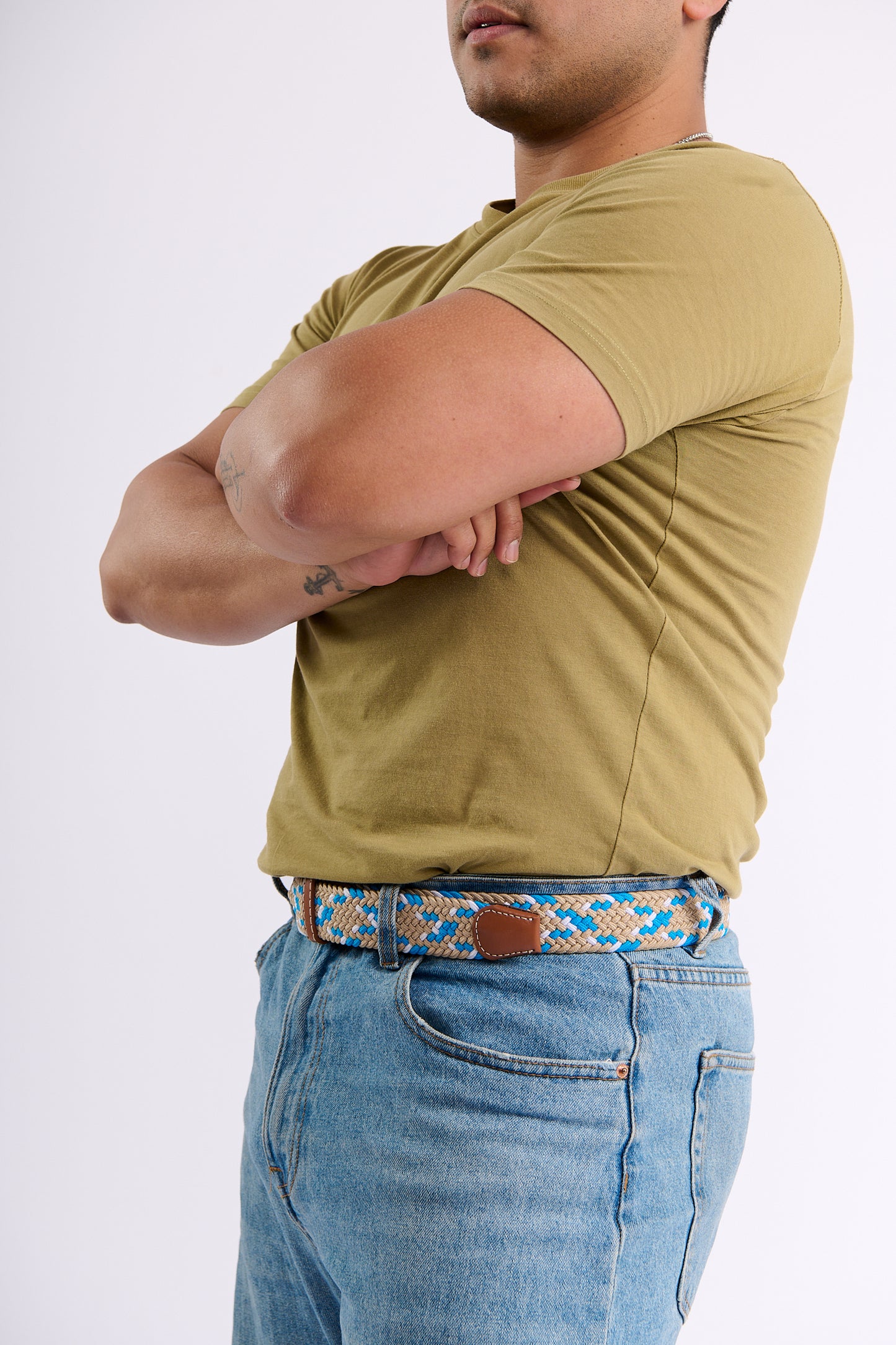 Correa Trenzada de Lona Elástica Beige, Celeste y Blanco