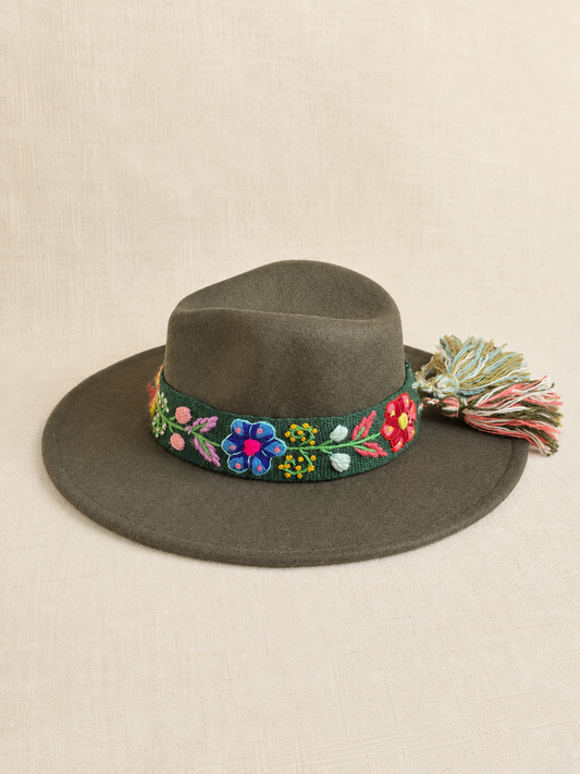 Sombrero Fedora de Fieltro Verde con Cinta y Bordado Floral Artesanal