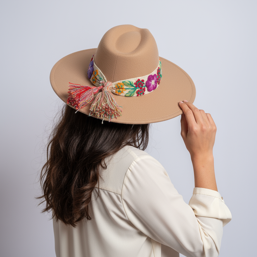 Sombrero de Fieltro Beige con Cinta  y Bordado Floral Artesanal