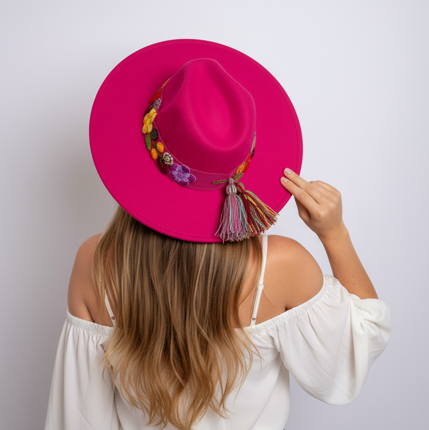 Sombrero de Fieltro Fucsia con Cinta y Bordado Floral Artesanal