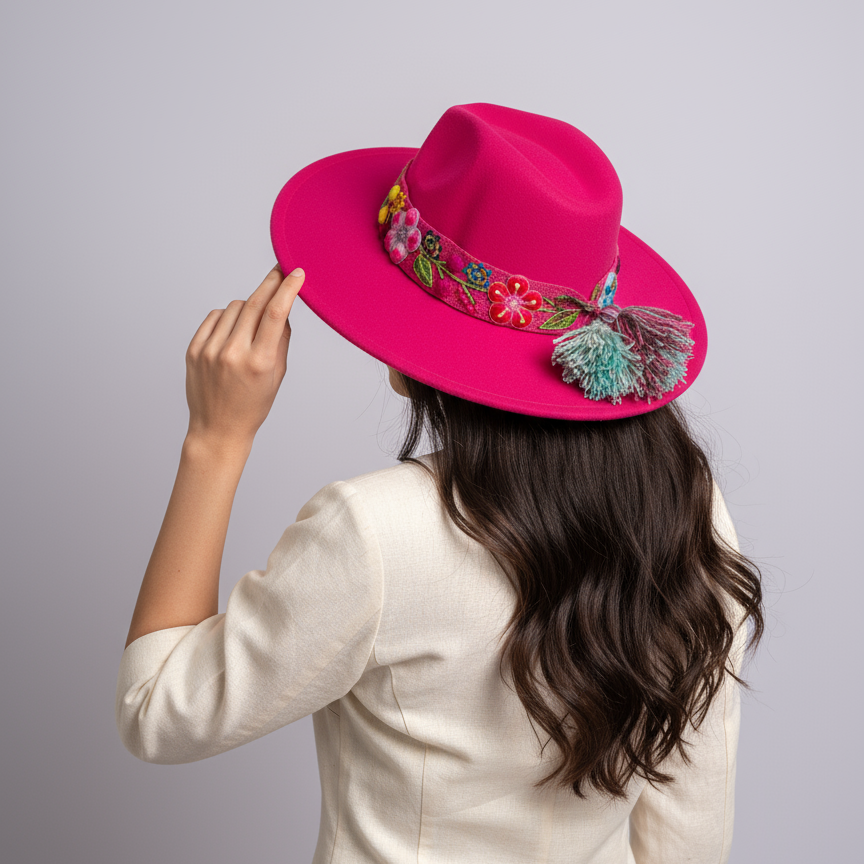 Sombrero de Fieltro Fucsia con Cinta y Bordado Floral Artesanal