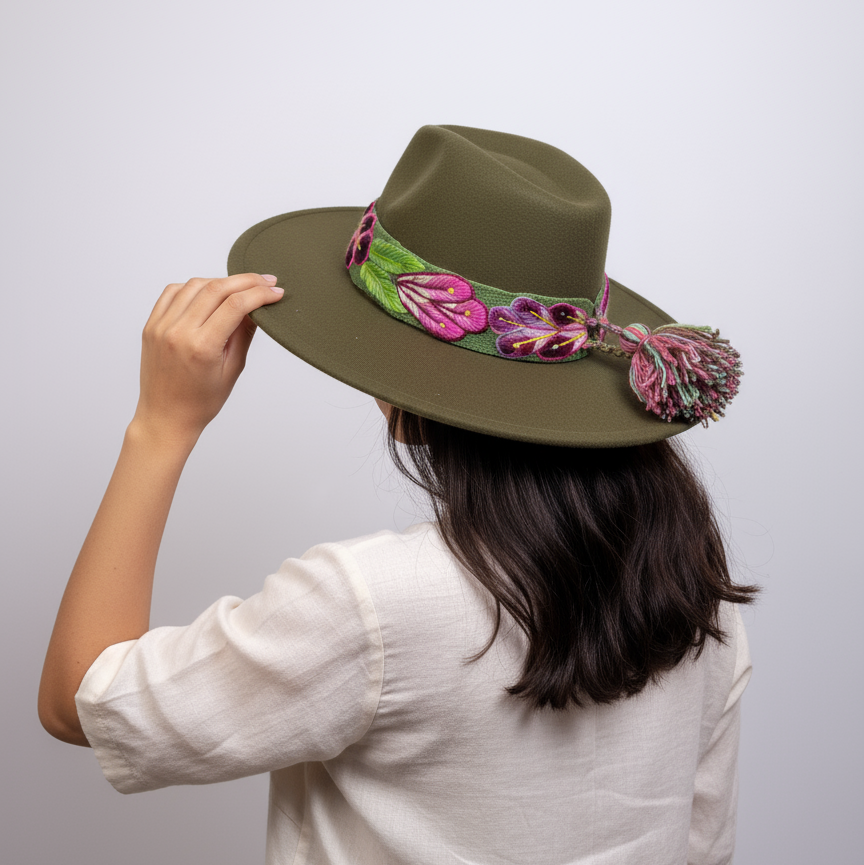 Sombrero de Fieltro Verde con Cinta y Bordado Floral Artesanal