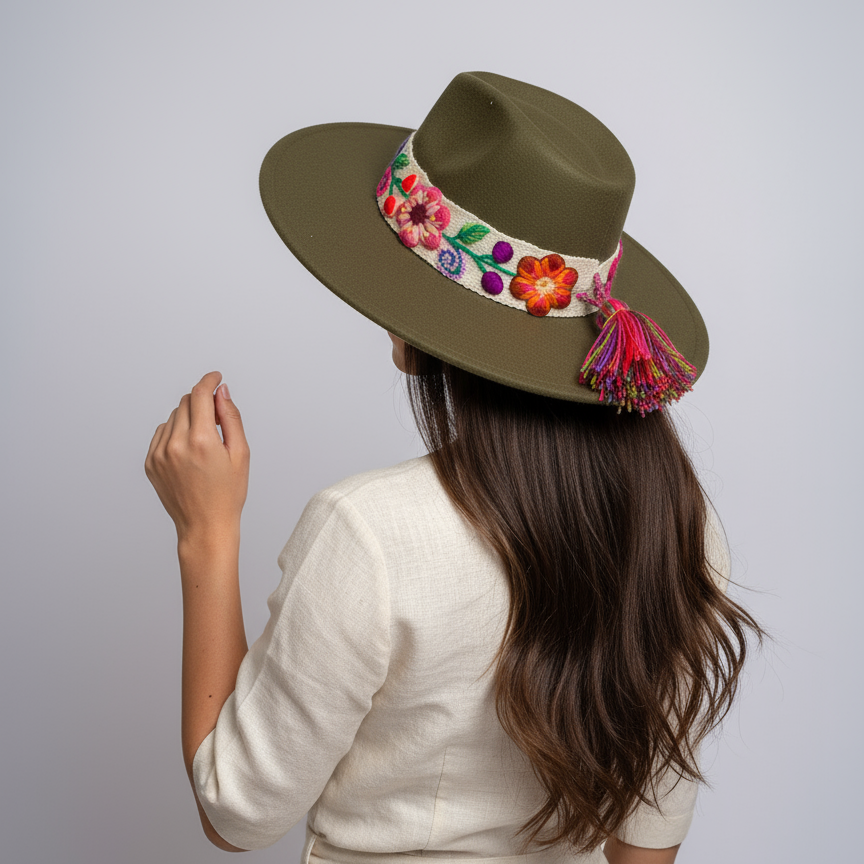 Sombrero de Fieltro Verde con Cinta y Bordado Floral Artesanal