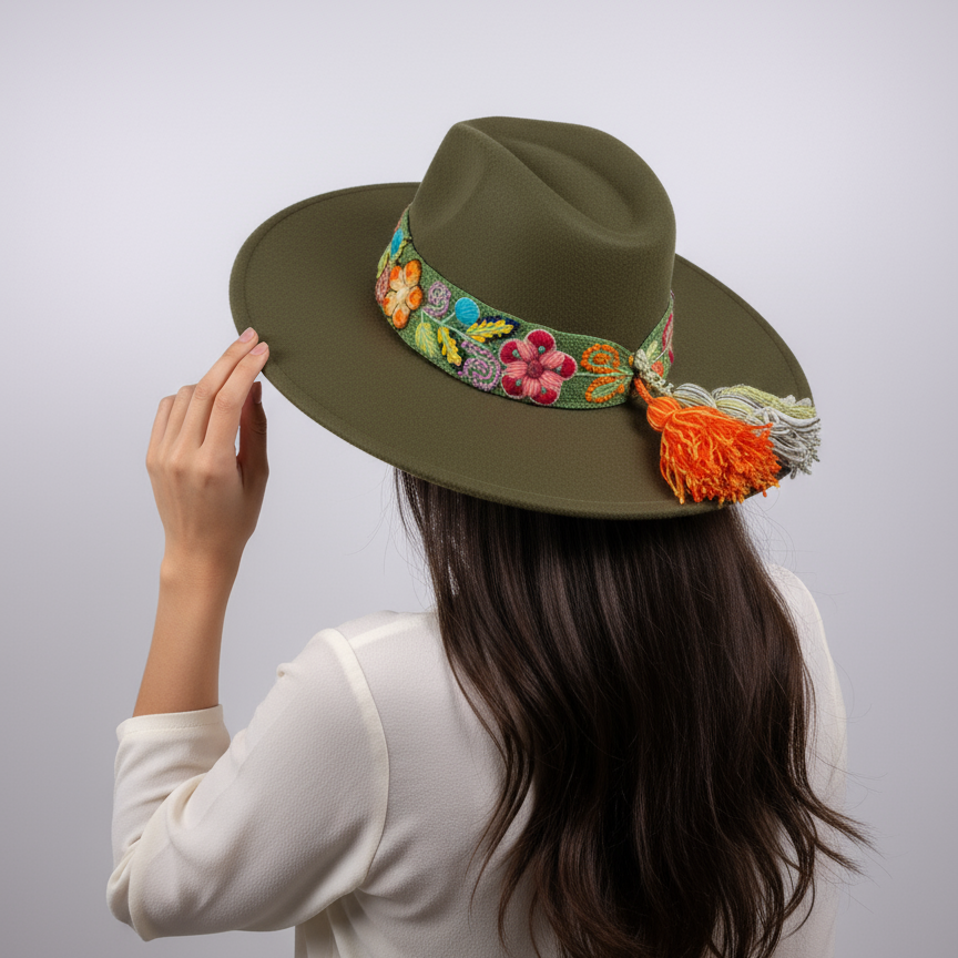 Sombrero de Fieltro Verde con Cinta y Bordado Floral Artesanal