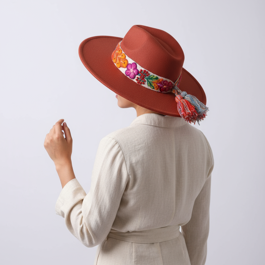 Sombrero de Fieltro Terracota con Cinta y Bordado Floral Artesanal